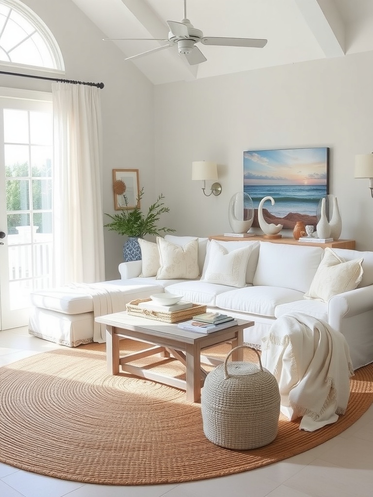 Bright coastal living room with white tones, light furniture, and beach-themed decor