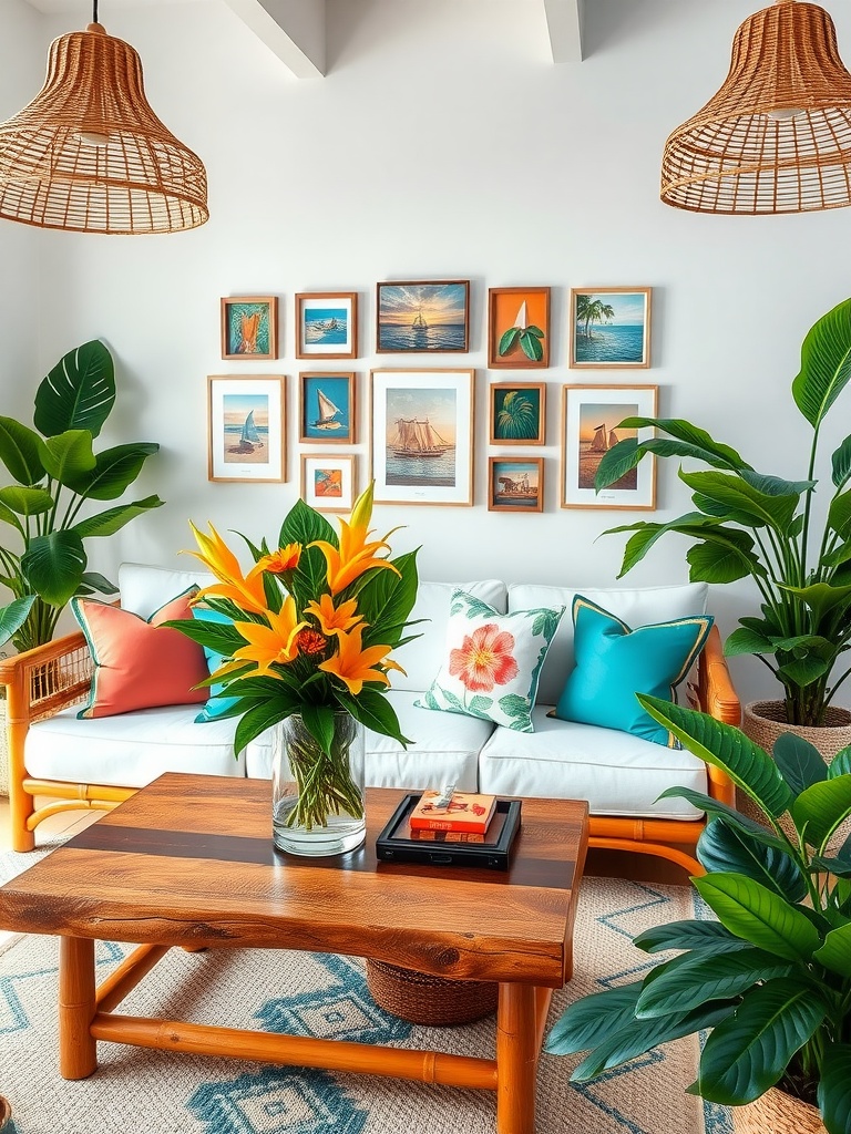 A coastal tropical living room with a white sofa, vibrant throw pillows, a wooden coffee table, and tropical plants.