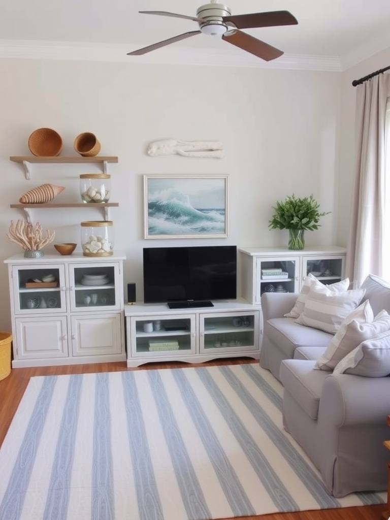 Coastal living room with soft colors, striped sofa, and beach decor.