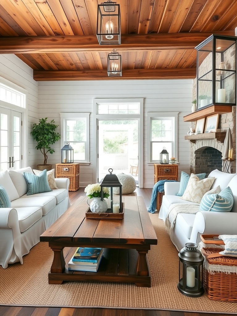 A cozy country rustic living room with white sofas, a wooden coffee table, and large windows.