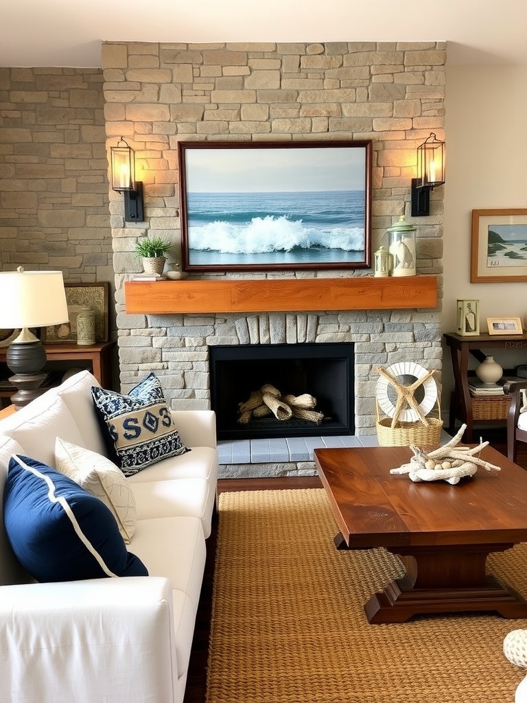 Cozy coastal living room featuring a white sofa, wooden coffee table, and a stone fireplace with beach-themed artwork