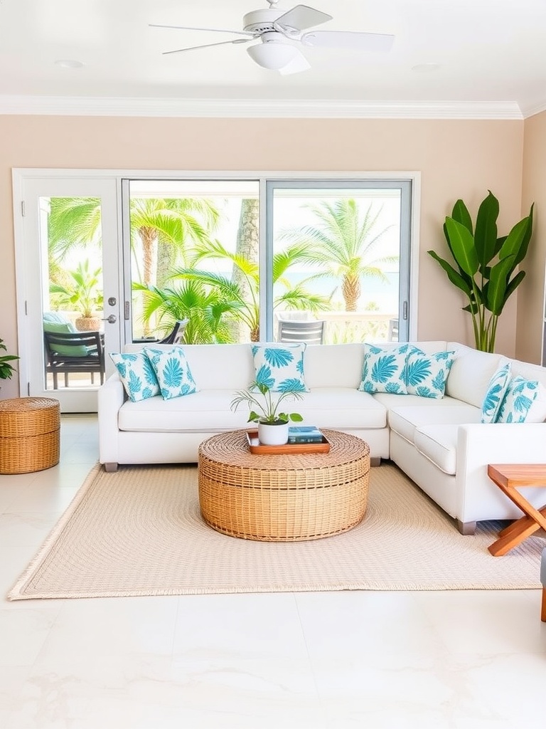 Coastal living room in Florida with white sectional sofa, tropical patterned pillows, wicker coffee table, and palm trees visible through glass doors.