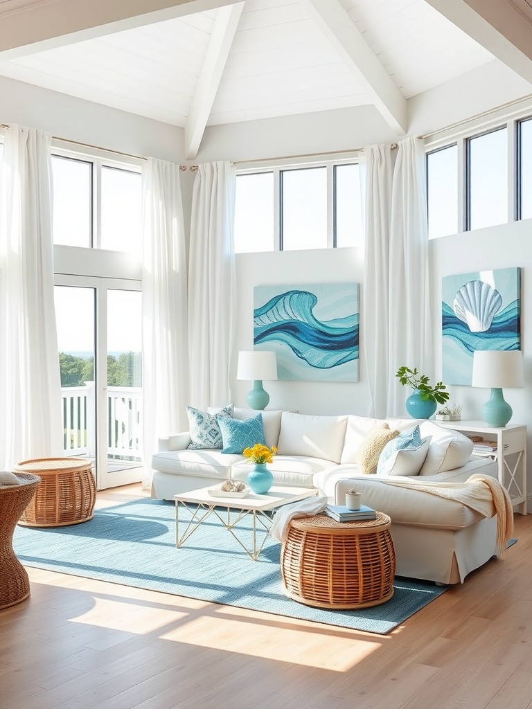 Coastal living room with large windows, white sofa, blue accents, and natural light.