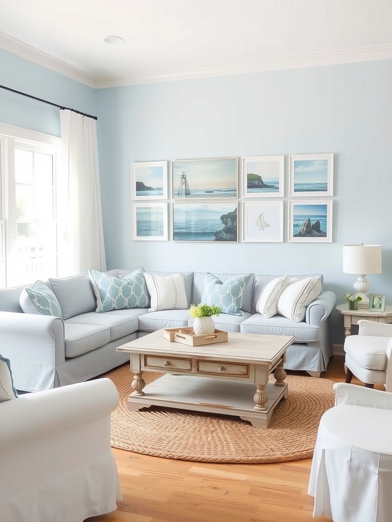 Light blue coastal living room with a sectional sofa, decorative pillows, and coastal-themed artwork.