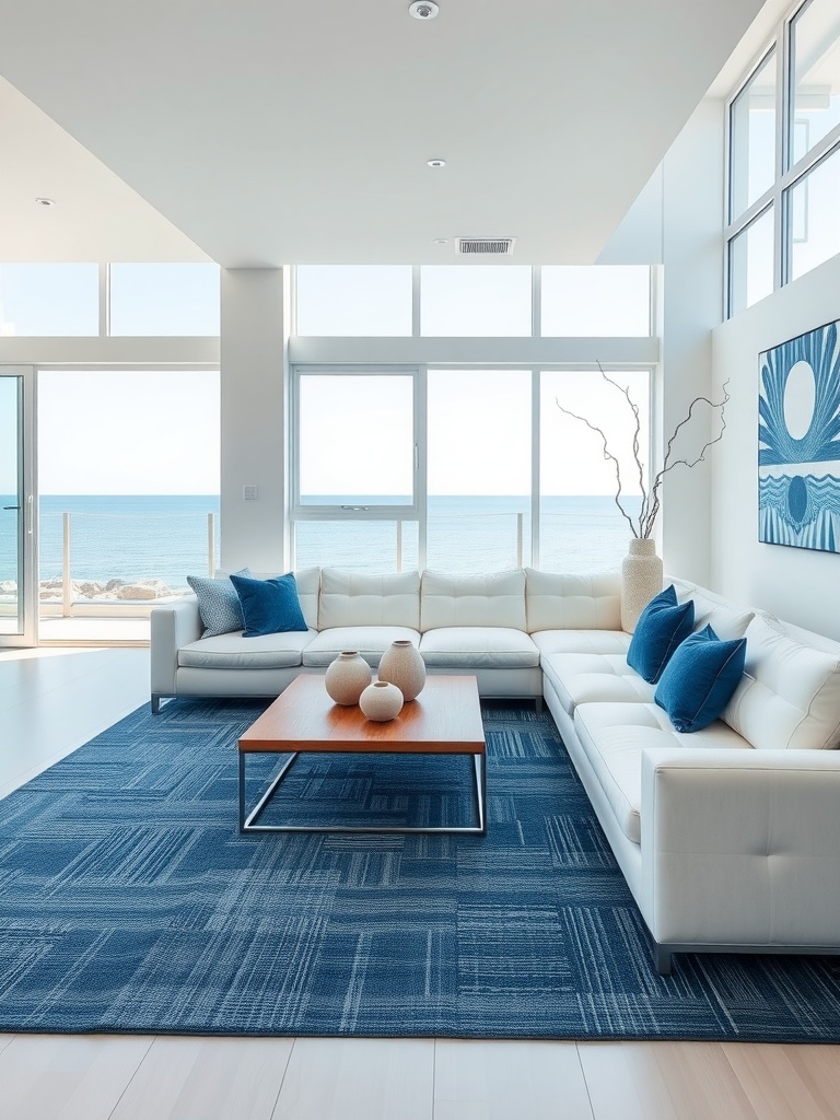 A modern coastal living room with panoramic ocean views, featuring a white sectional sofa, blue accent pillows, and a wooden coffee table on a patterned blue rug.