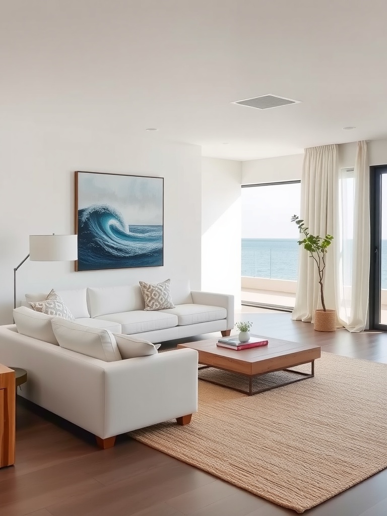 A modern coastal living room featuring a white sofa, ocean view, and wave-themed artwork.