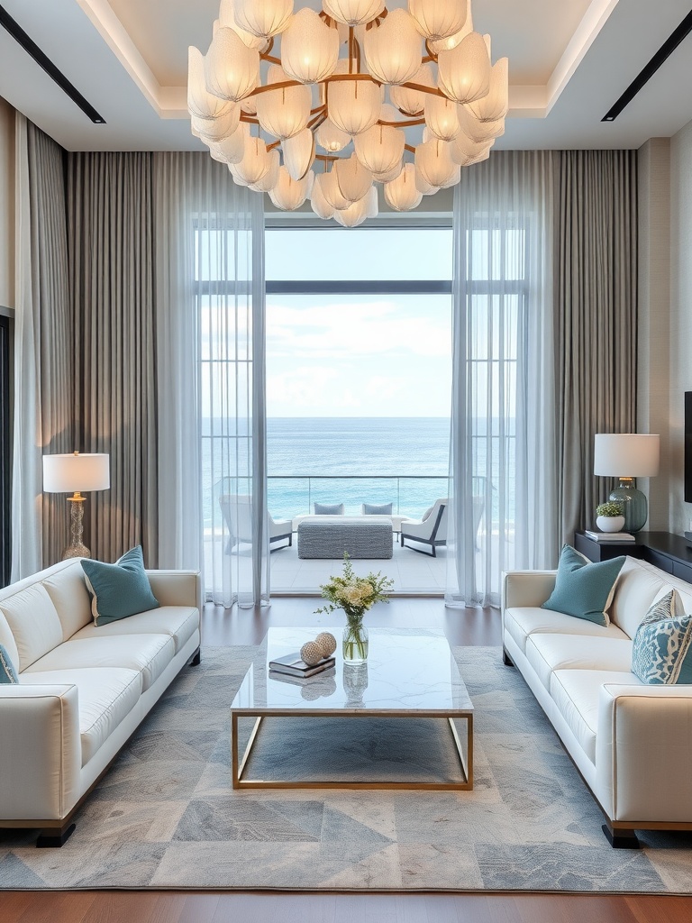 A modern coastal living room featuring white sofas, a marble coffee table, and large windows overlooking the ocean.