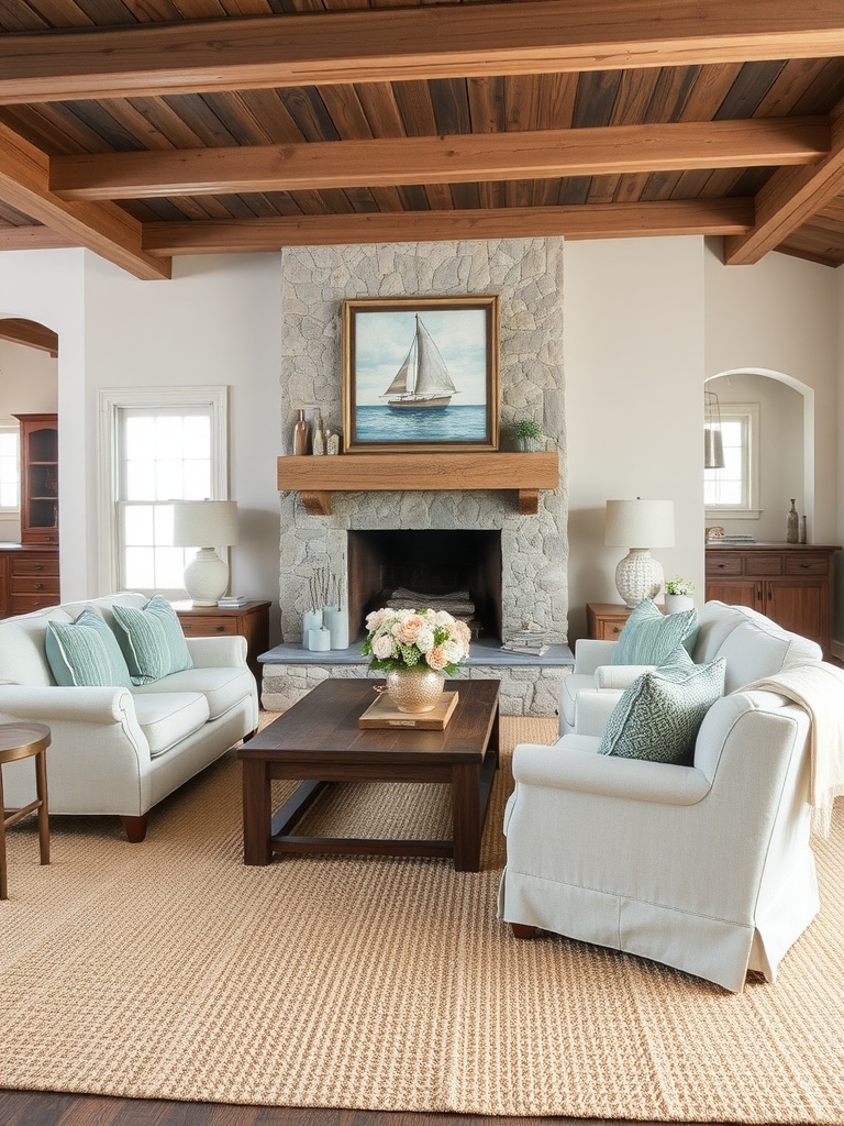 Cozy rustic coastal living room with weathered wood accents, stone fireplace, and comfortable seating.