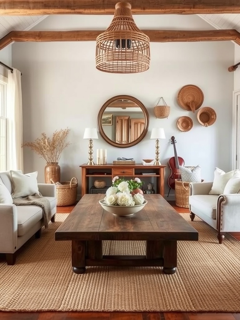 A rustic coastal living room featuring a wooden coffee table, woven textures, and light-colored furniture.