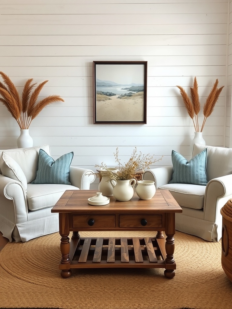 Cozy rustic coastal living room with two chairs, a wooden coffee table, and decorative vases.