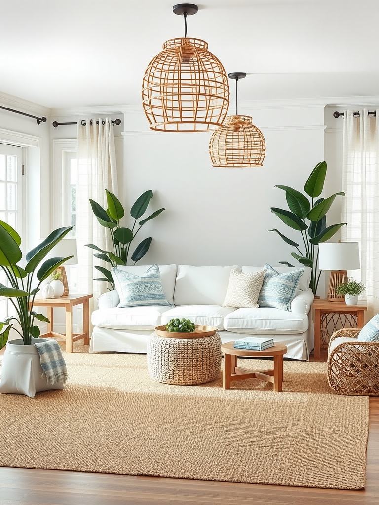 A cozy seaside-inspired living room featuring a white sofa, rattan pendant lights, green plants, and natural textures.