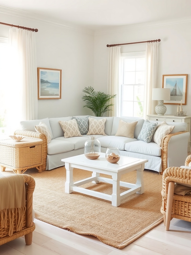 A cozy coastal living room featuring a light sectional sofa, rattan chairs, and beach-themed decor.