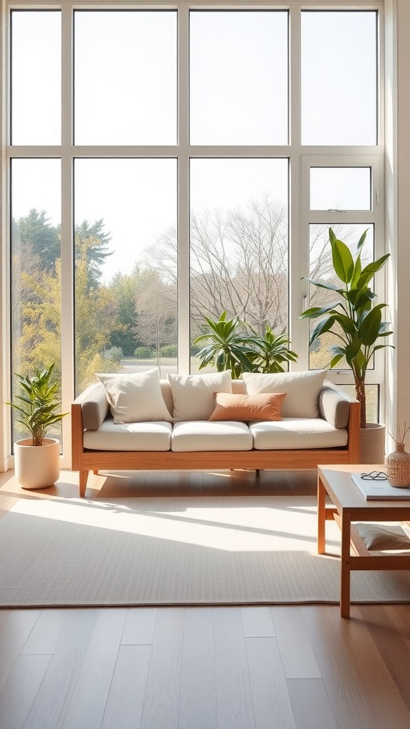 Bright and airy living room featuring floor-to-ceiling windows, a cozy couch, and indoor plants.