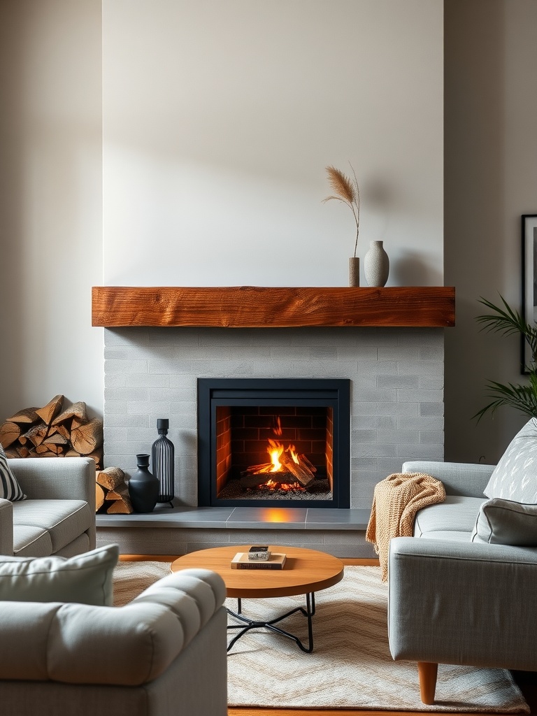 Modern living room with a fireplace featuring a reclaimed wood mantel, cozy seating, and a warm atmosphere.