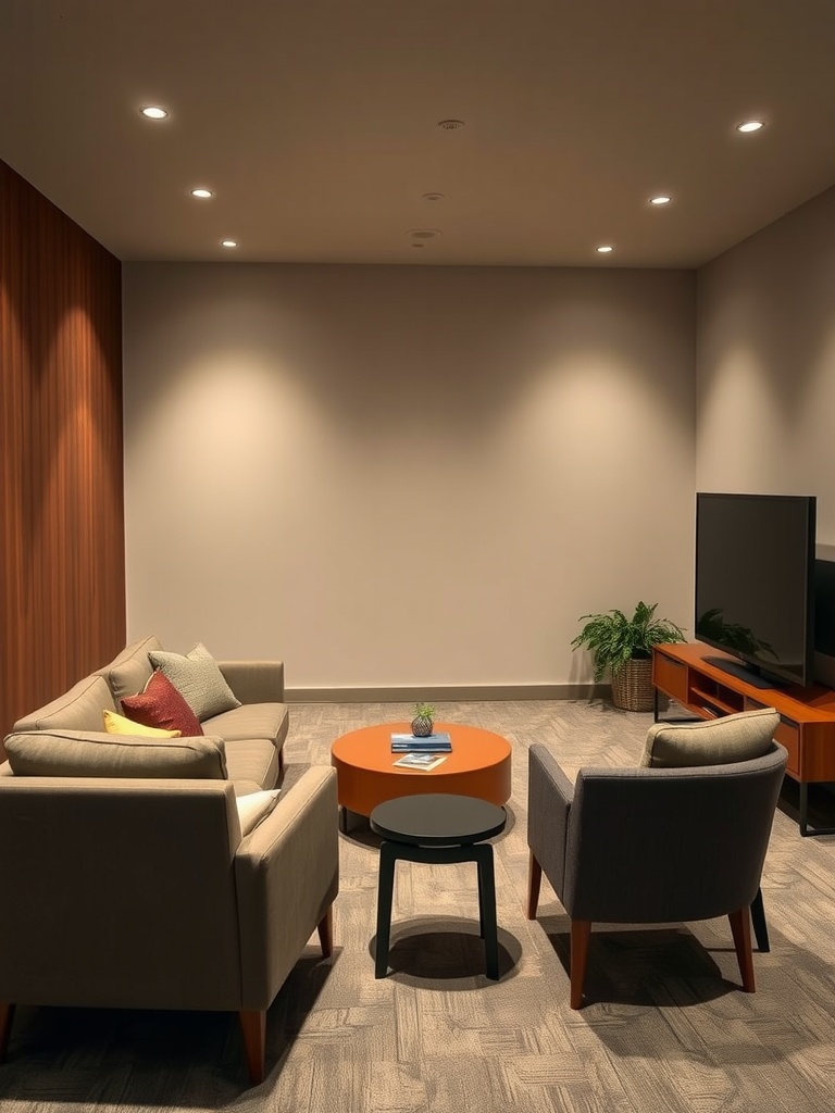 A mid-century modern media room with a cozy sofa, armchairs, and a round coffee table, featuring warm wood tones and soft lighting.