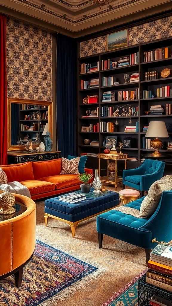 A modern maximalist living room featuring layered textures and colorful furniture.