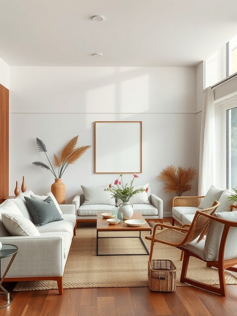 A serene living room featuring neutral sofas, a wooden coffee table, and natural decor elements, including plants and a jute rug.