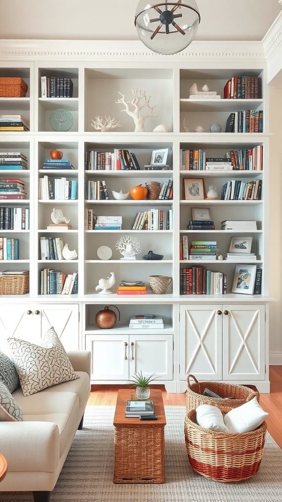 A cozy living room with a whitewashed bookcase filled with books and coastal decorations, accompanied by a comfortable sofa and woven baskets.