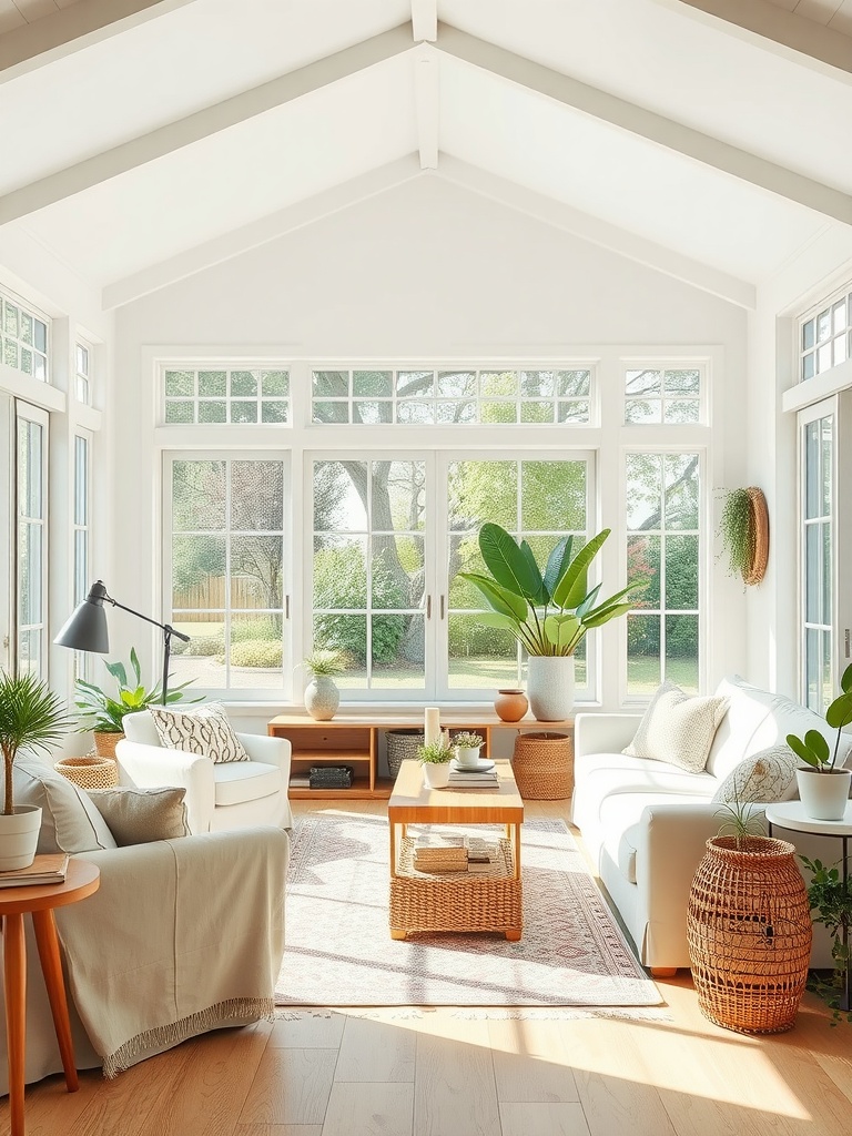 Bright and airy living room with large windows, white furniture, and green plants.