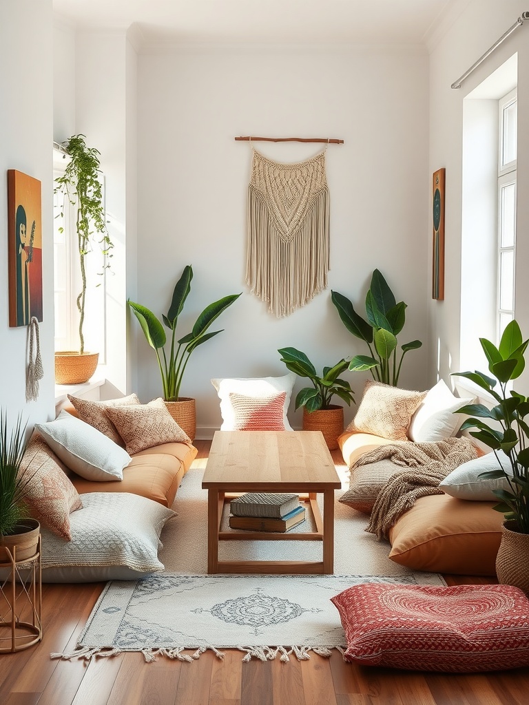 A bohemian living room with sunken seating, colorful cushions, wooden coffee table, and plants.