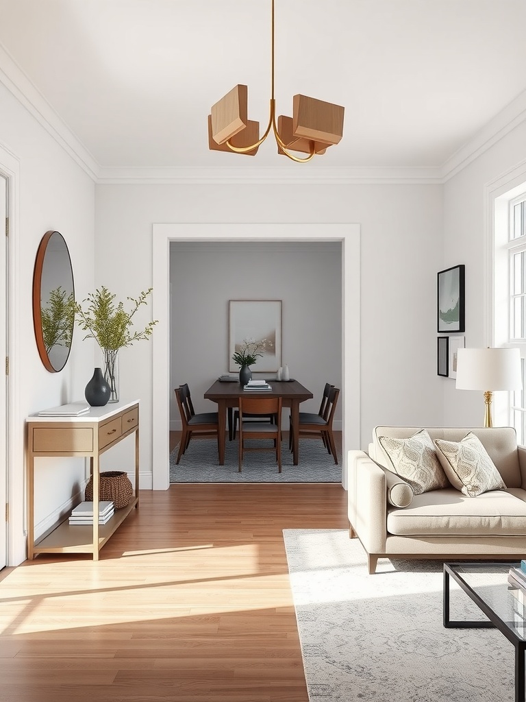 A bright living room with a sofa, coffee table, and a dining table in the background, showcasing an open and inviting layout.