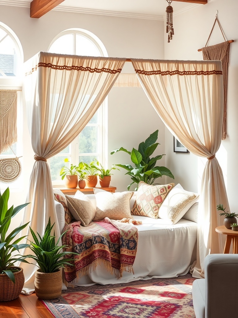 A cozy boho daybed nook with flowing curtains, pillows, and plants, creating a serene atmosphere.