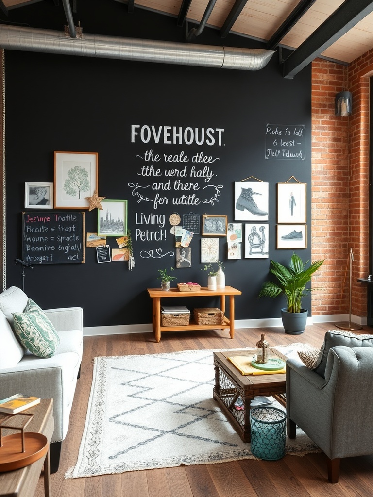 A cozy living room with a chalkboard feature wall displaying creative phrases and art pieces, complemented by industrial decor elements.