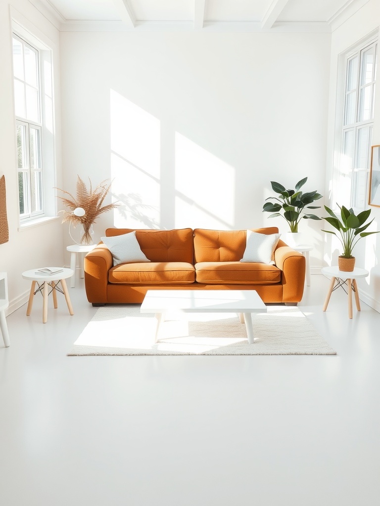 A cozy brown couch in a sunlit white living room with plants and a white coffee table.