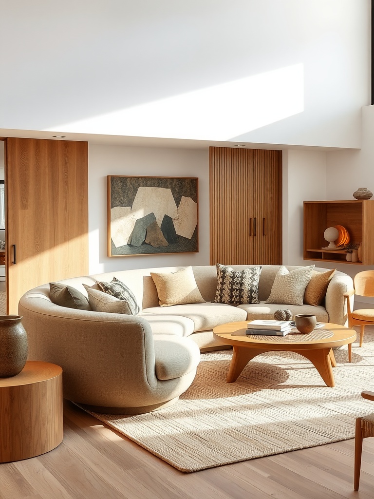 A cozy, round sofa in a modern living room with wooden walls and natural light.