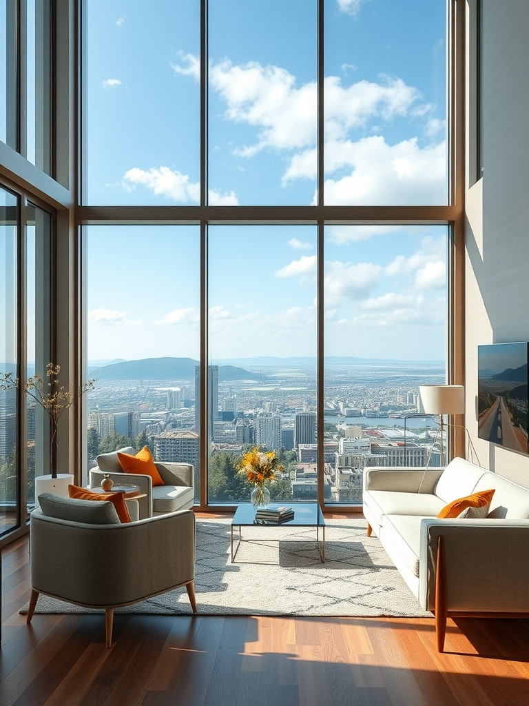 A mid-century modern living room featuring large windows with a city view, stylish furniture, and natural light.