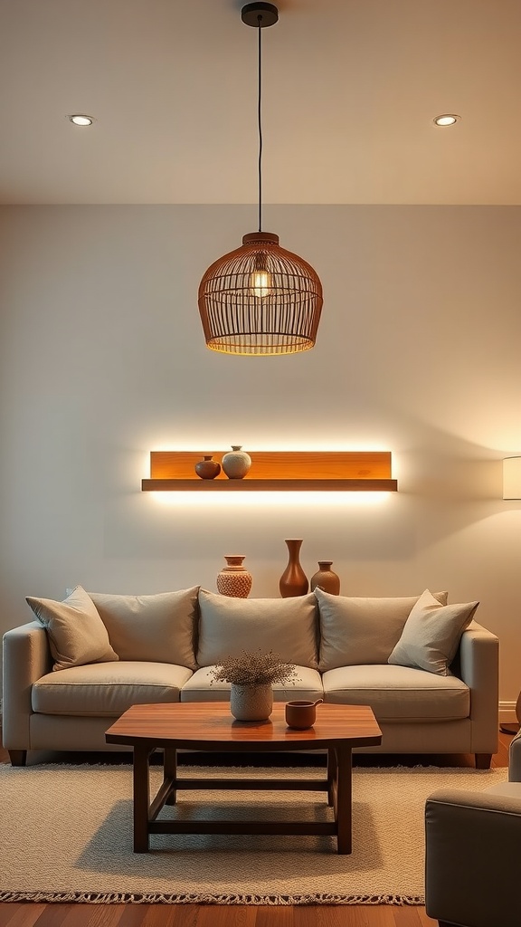 Japandi living room with soft lighting, featuring a rattan pendant light and warm wall lights