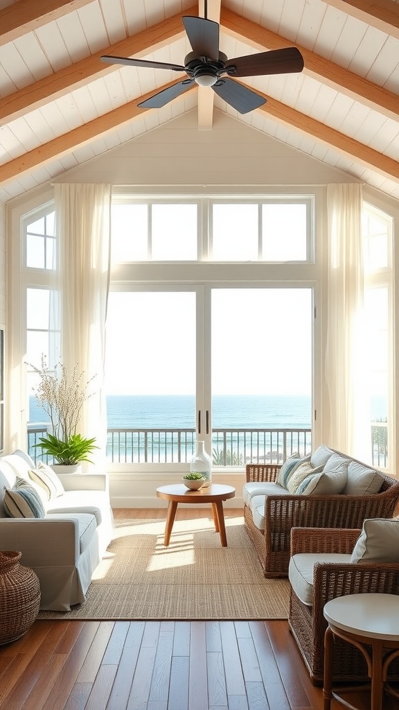 Bright and airy coastal farmhouse living room with large open window, sheer curtains, and ocean view