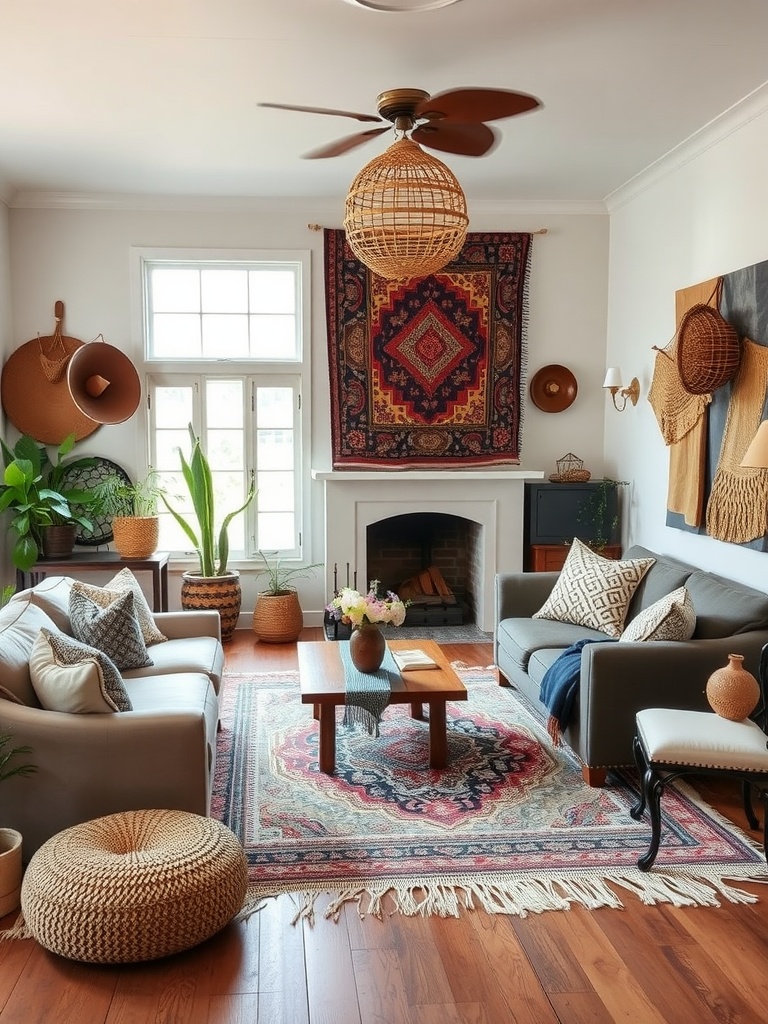 A cozy global-inspired living room with warm colors, plants, and rich textures.