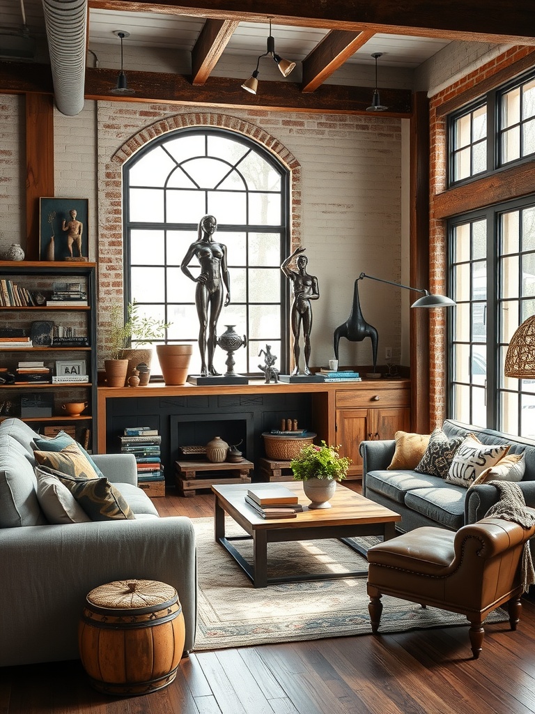 A stylish industrial farmhouse living room featuring metal sculptures, wooden furniture, and large windows.