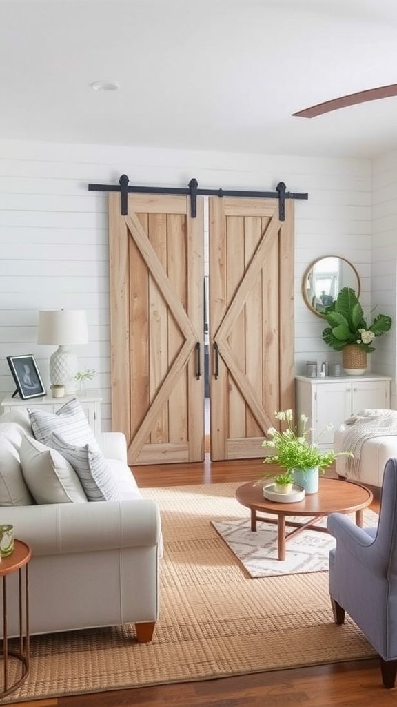 Cozy living room featuring reclaimed barn doors, light furniture, and decorative plants