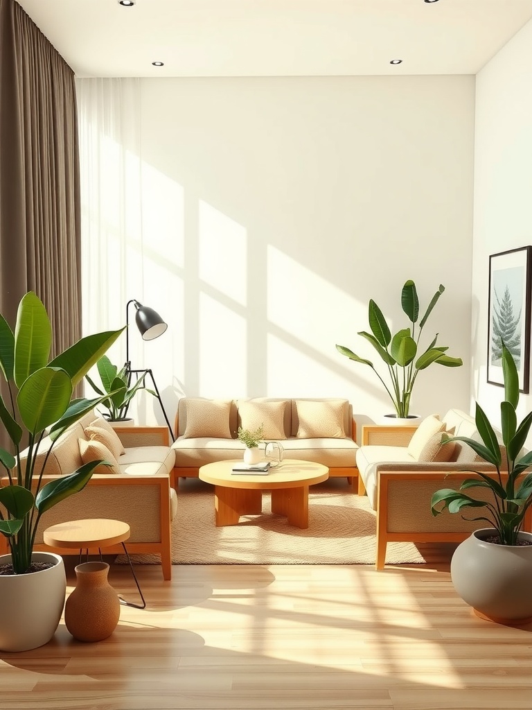 Contemporary earthy living room with neutral furniture, plants, and natural light.