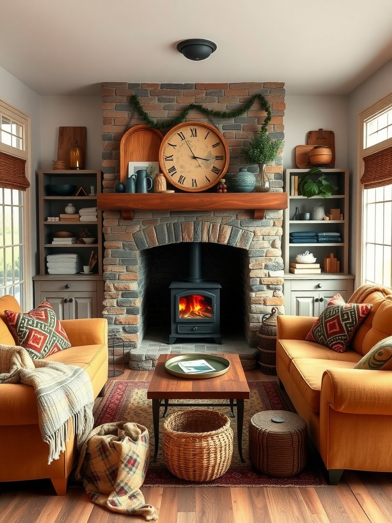 Cozy farmhouse living room with a stone fireplace, orange sofas, and wooden accents.