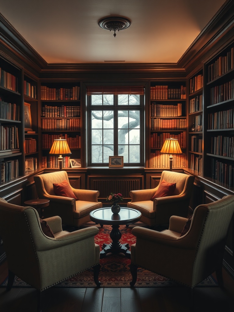 Cozy English snug with plush armchairs, bookshelves, and warm lighting