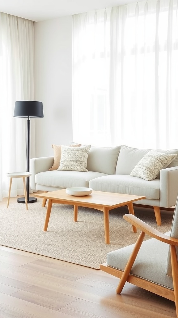 A cozy Japandi-style living room featuring neutral colors, light wood furniture, and large windows.