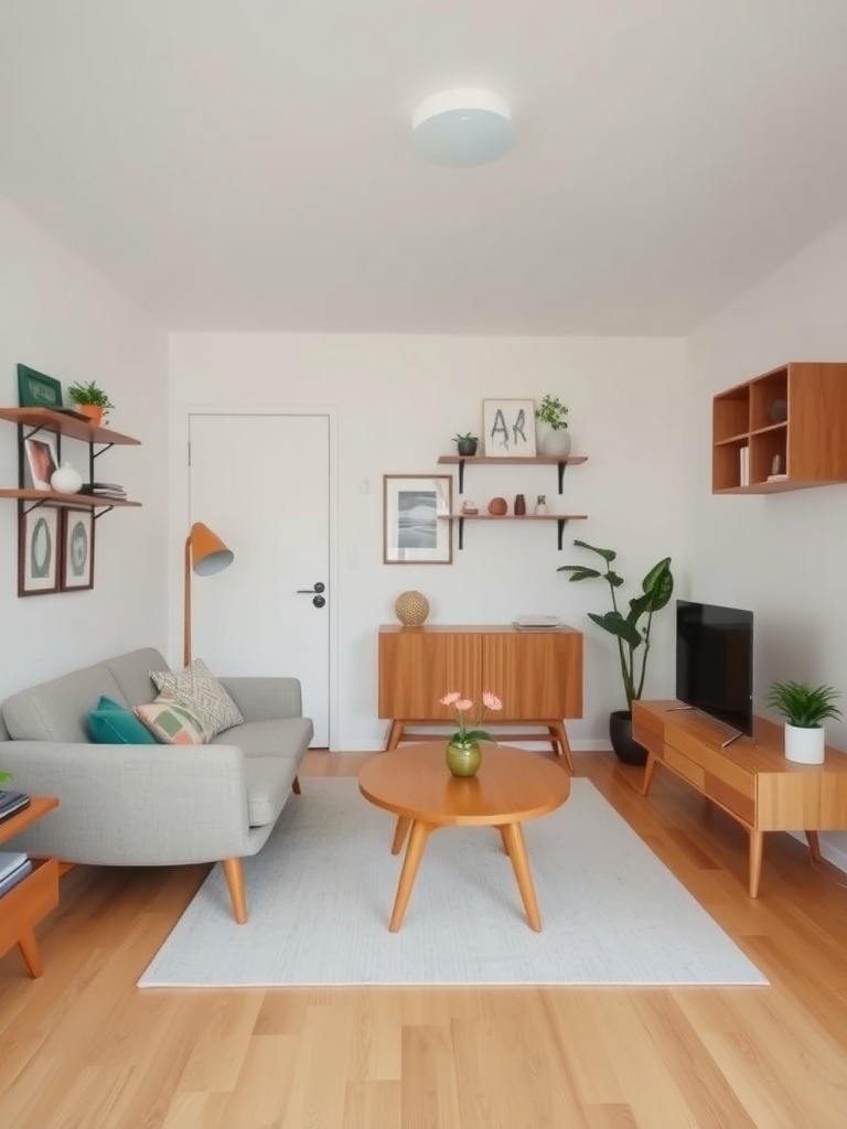 Small mid-century modern living room with gray sofa, wooden furniture, and decorative shelves