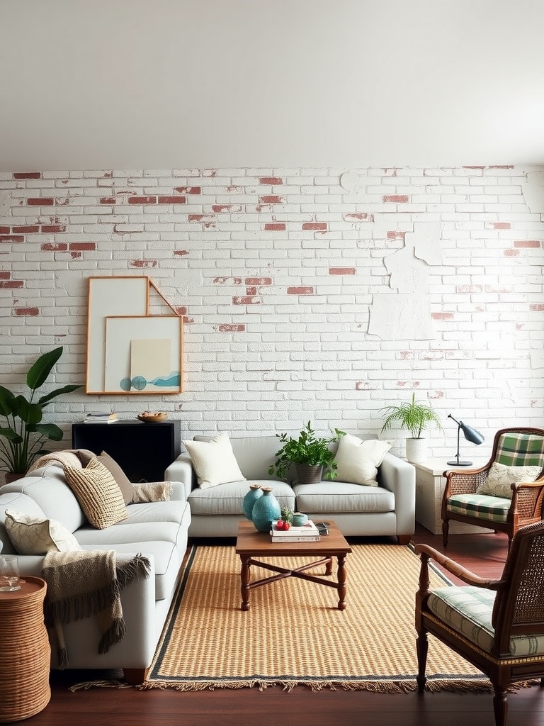 A cozy bohemian living room featuring a textured brick accent wall, gray sofas, a wooden coffee table, and green plants.