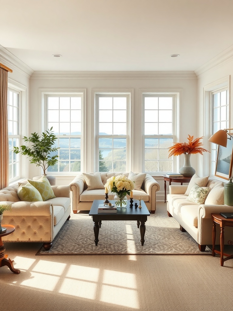 A beige, white, and brown living room with large windows showcasing a scenic view, featuring cozy sofas, a coffee table, and decorative plants.