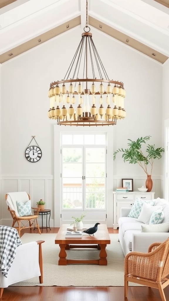 Coastal living room featuring a unique chandelier made with glass buoy floats, showcasing a light and airy design.