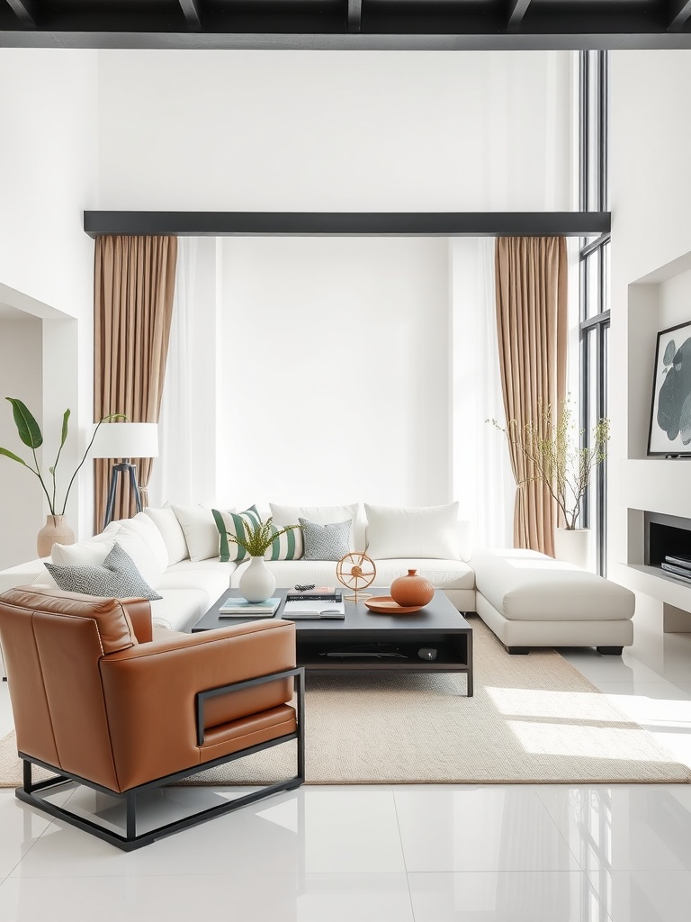 Modern white and brown living room with large windows and contemporary furniture.