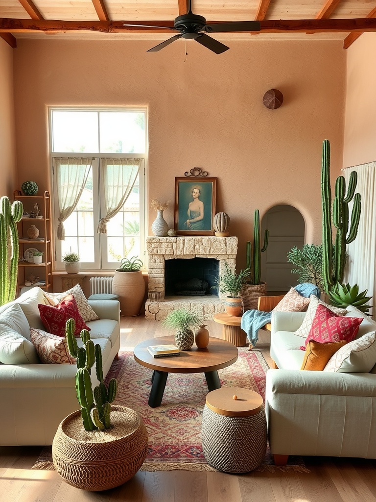 A cozy Boho farmhouse living room with cacti, warm colors, and natural light from large windows.