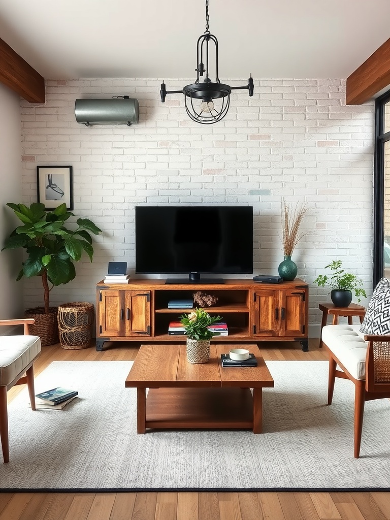 Rustic living room featuring a wooden TV unit, white brick wall, and cozy seating arrangement.