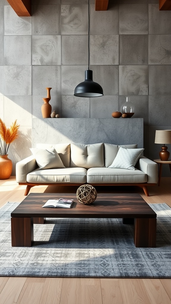 A stylish living room featuring a concrete wall, light-colored sofa, and a dark wooden coffee table.