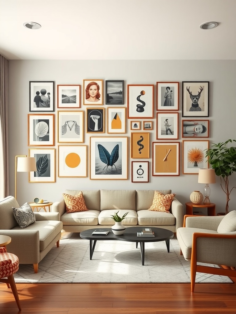 Mid-century modern living room featuring a gallery wall with various framed artworks, light-colored sofas, and a black coffee table.