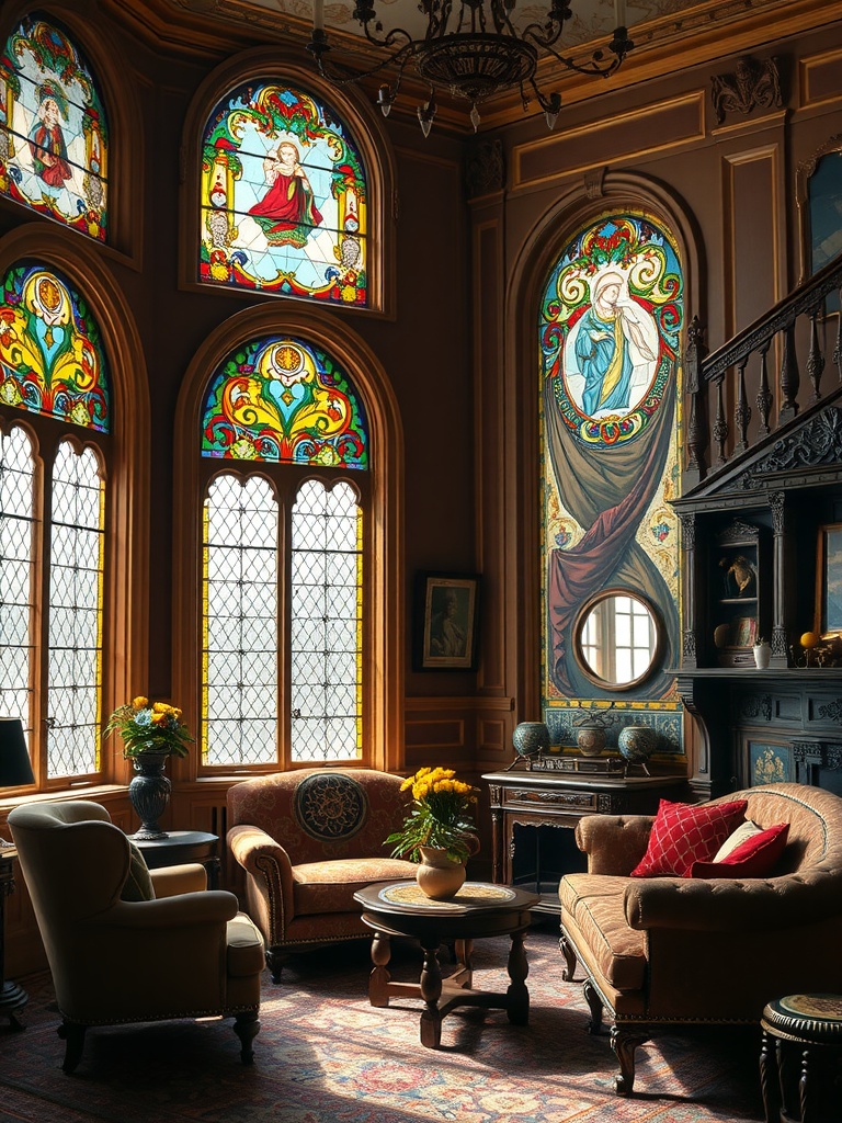 A beautifully furnished old English living room with stained glass windows featuring intricate designs and vibrant colors.