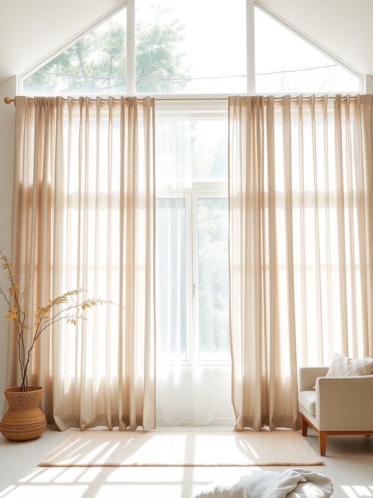 A bright living room with sheer linen curtains, a cozy sofa, and natural elements.